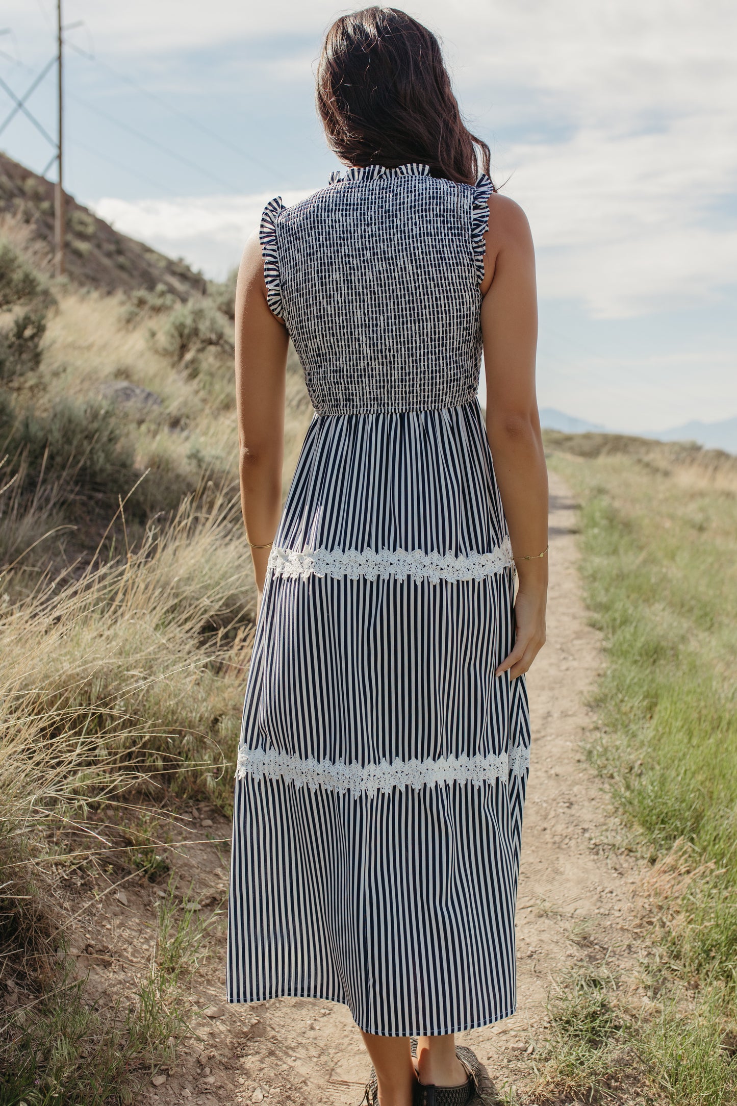 THE HARLOW STRIPED SMOCKED DRESS IN NAVY