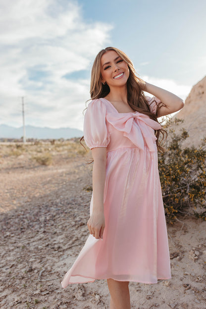 THE SATIN BOW DRESS IN POWDER PINK BY PINK DESERT