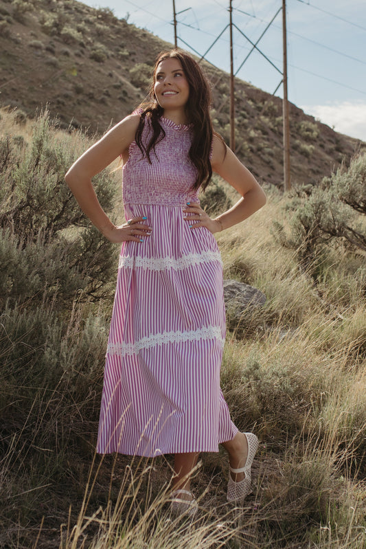 THE HARLOW STRIPED SMOCKED DRESS IN PURPLE