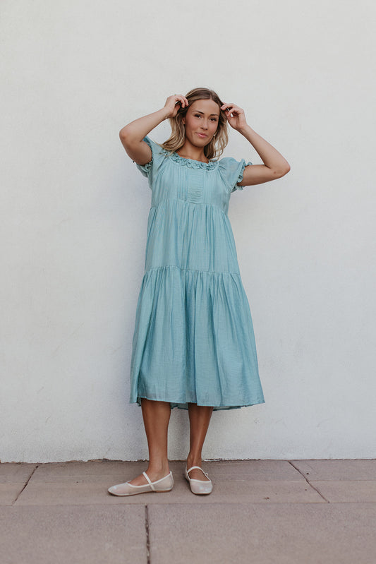 THE GIANA RUFFLE MIDI DRESS IN TEAL