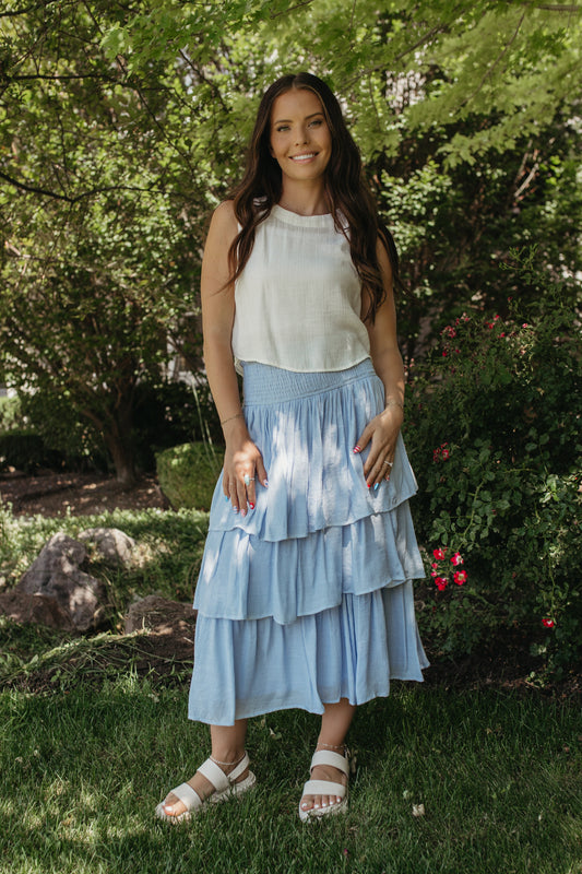 THE INDY TIERED SMOCKED SKIRT IN POWDER BLUE