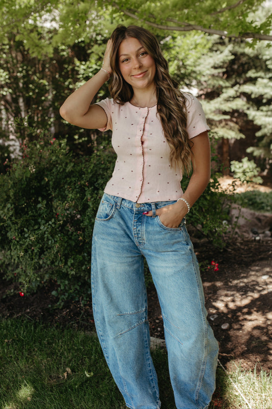 THE KAYLANI POLKA DOT BUTTON TOP IN SOFT PINK