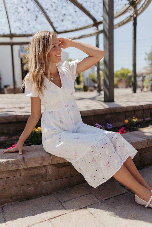 THE ELANA EYELET MIDI DRESS IN WHITE