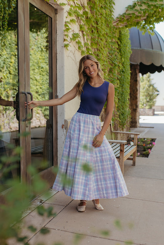 THE EFFIE PLAID MAXI SKIRT IN LAVENDER