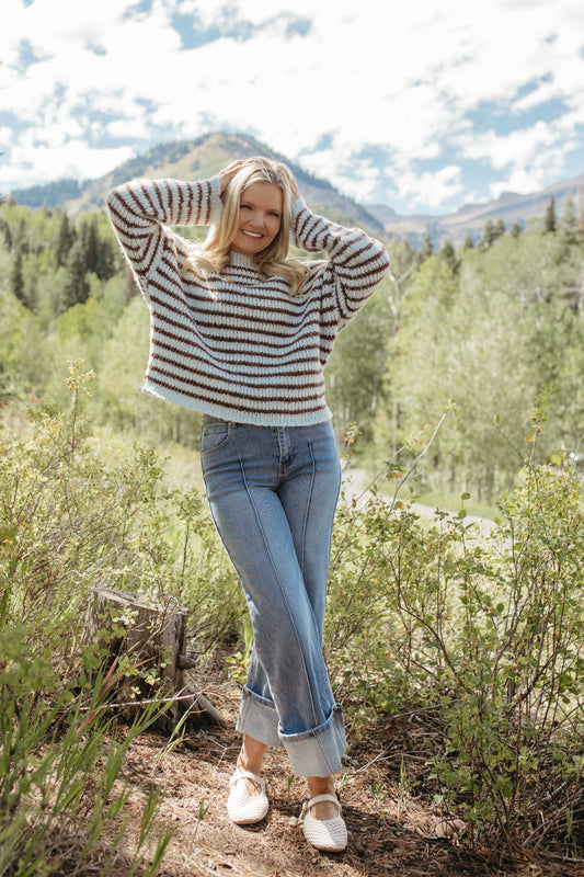 THE LYDIA STRIPE LONG SLEEVE KNIT SWEATER IN LIGHT BLUE