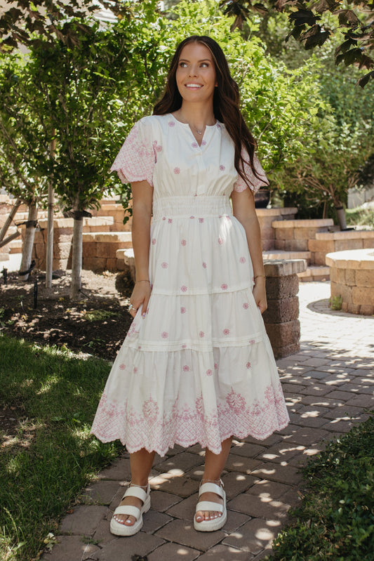 THE RHEG FLORAL EMBROIDERY TIERED DRESS