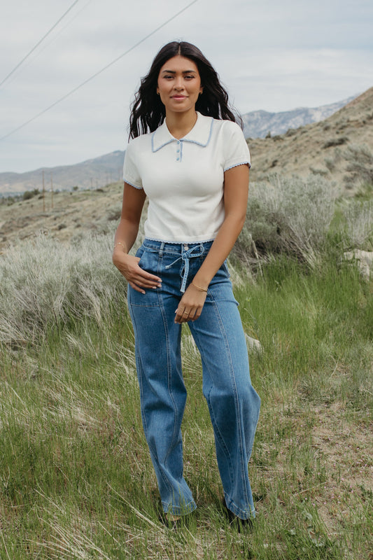 THE WINNIE KNIT POLO TOP IN WHITE