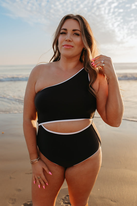 SHORELINE CUT OUT ONE PIECE IN BLACK WITH WHITE TRIM BY PINK DESERT