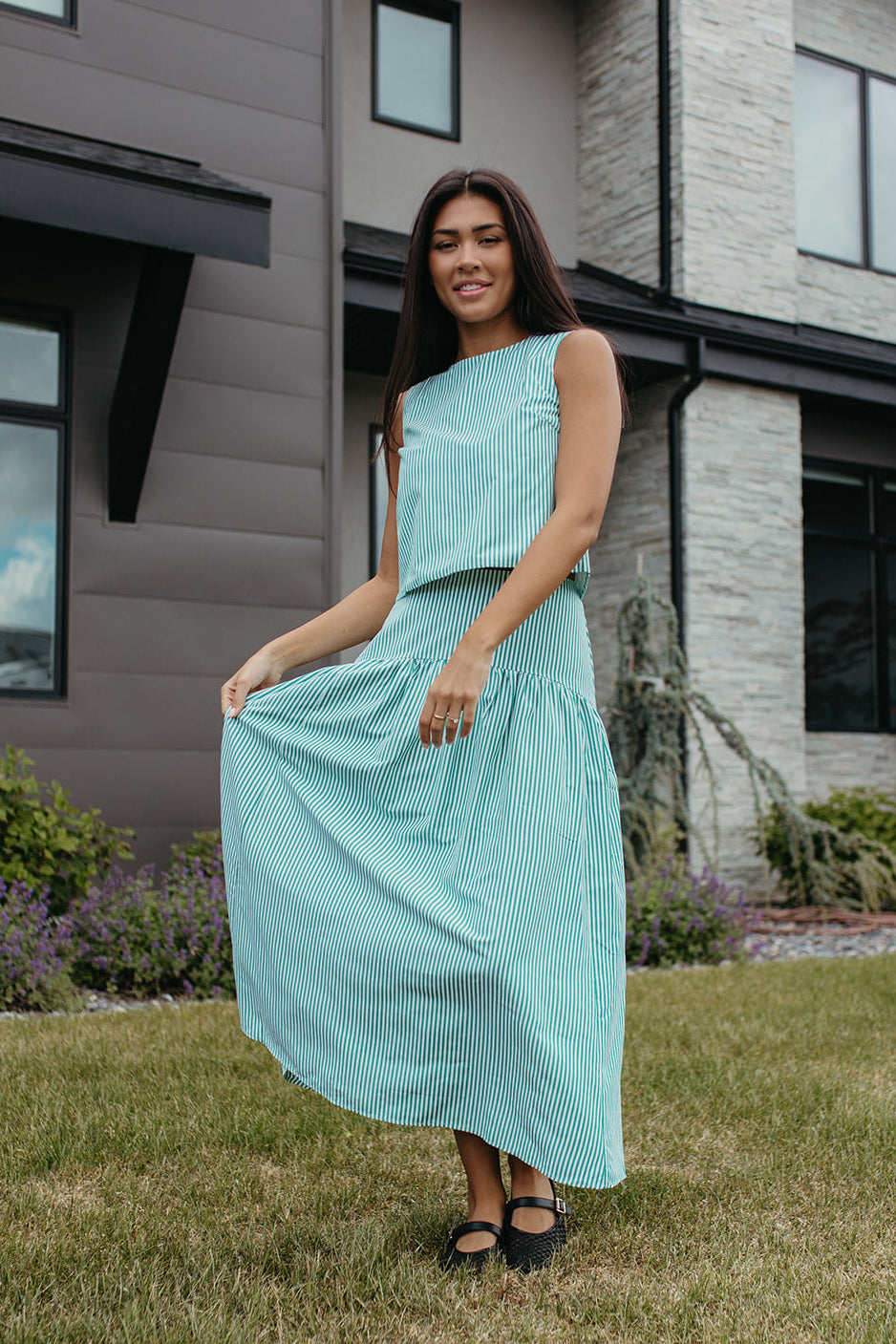 THE PRESLEY STRIPE MAXI SKIRT IN GREEN Medium