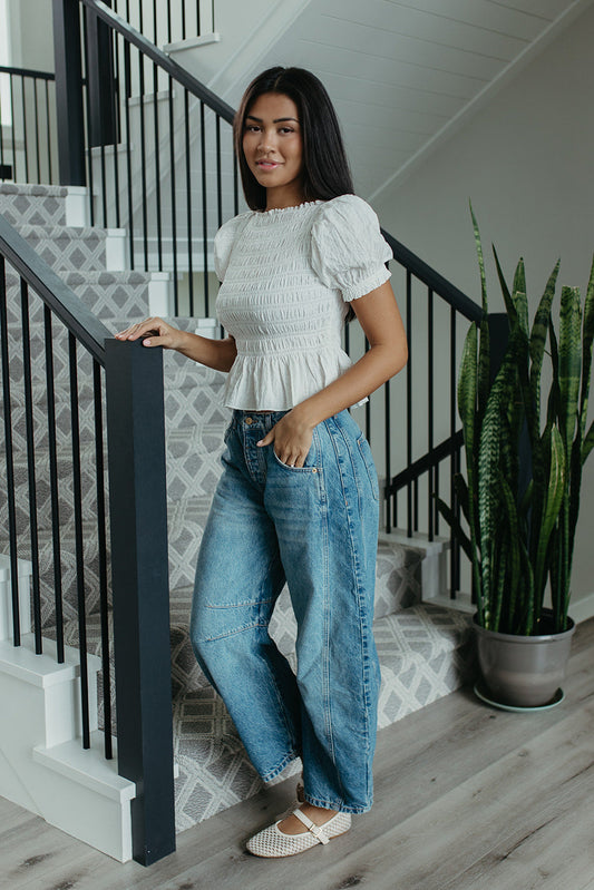 THE CAMILA PUFF SLEEVE SMOCKED TOP IN WHITE