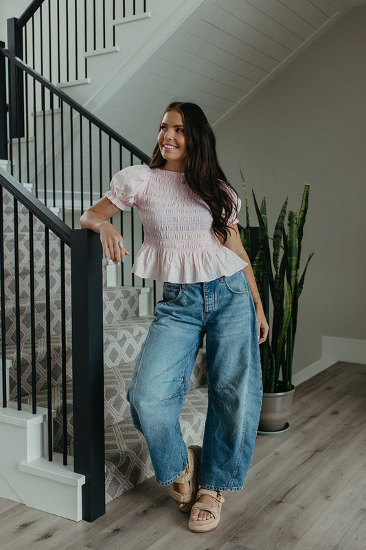 THE CAMILA PUFF SLEEVE SMOCKED TOP IN PINK