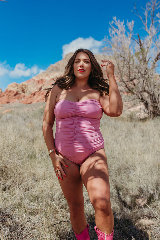 SUNSET PINK SHIMMER RUCHED ONE PIECE BY SARAH TRIPP X PINK DESERT
