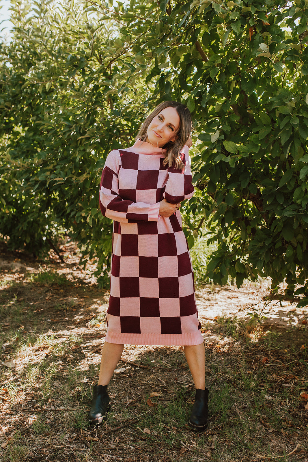 THE CHUNKY TURTLENECK DRESS IN MAUVE CHECKER BY PINK DESERT