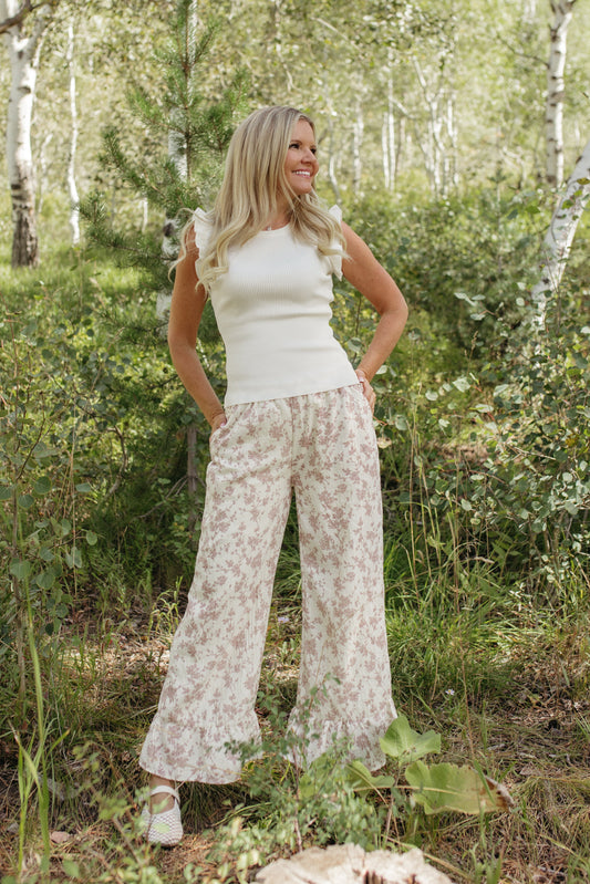 THE NAOMI FLORAL WIDE LEG PANTS IN IVORY