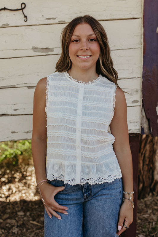 THE VIENNA FLOWER LACE TRIM TANK IN WHITE