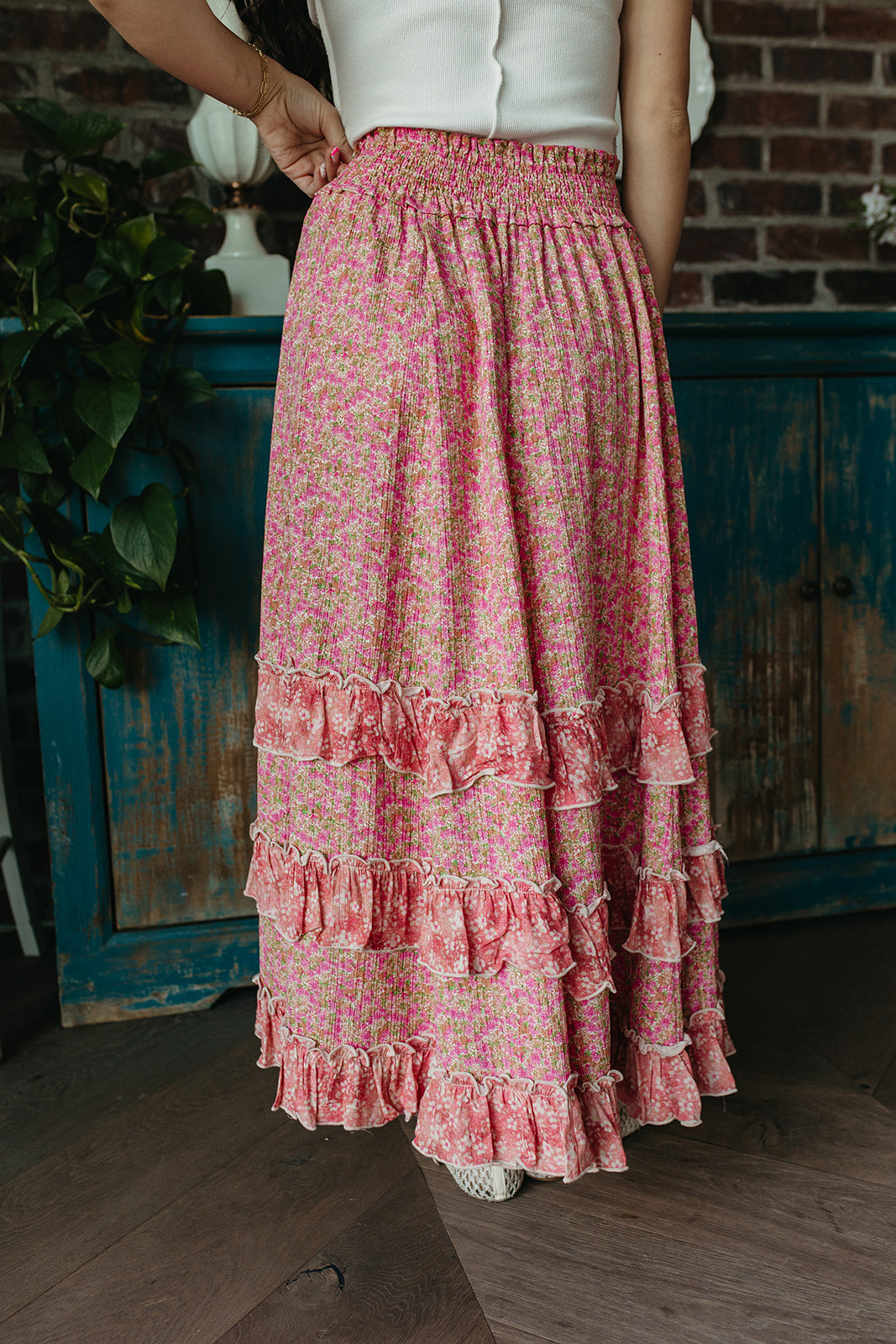 THE DAHLIA FLORAL RUFFLE MAXI SKIRT IN PINK