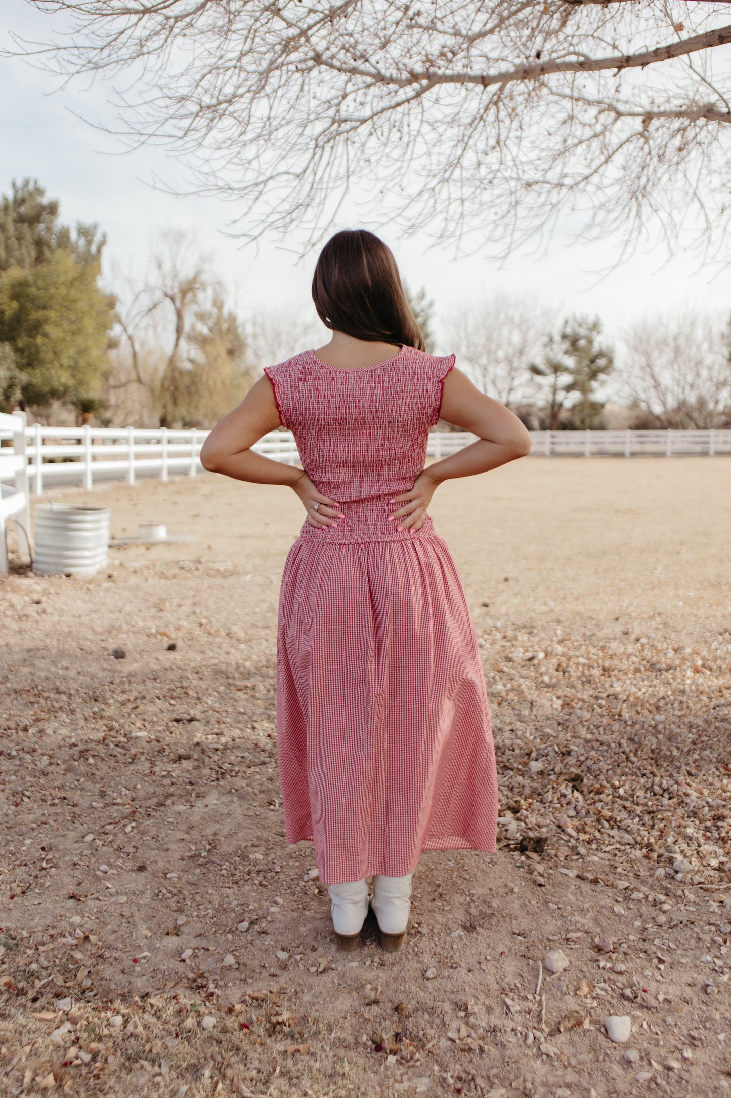 THE BLAIRE SMOCKED GINGHAM MIDI DRESS IN RED