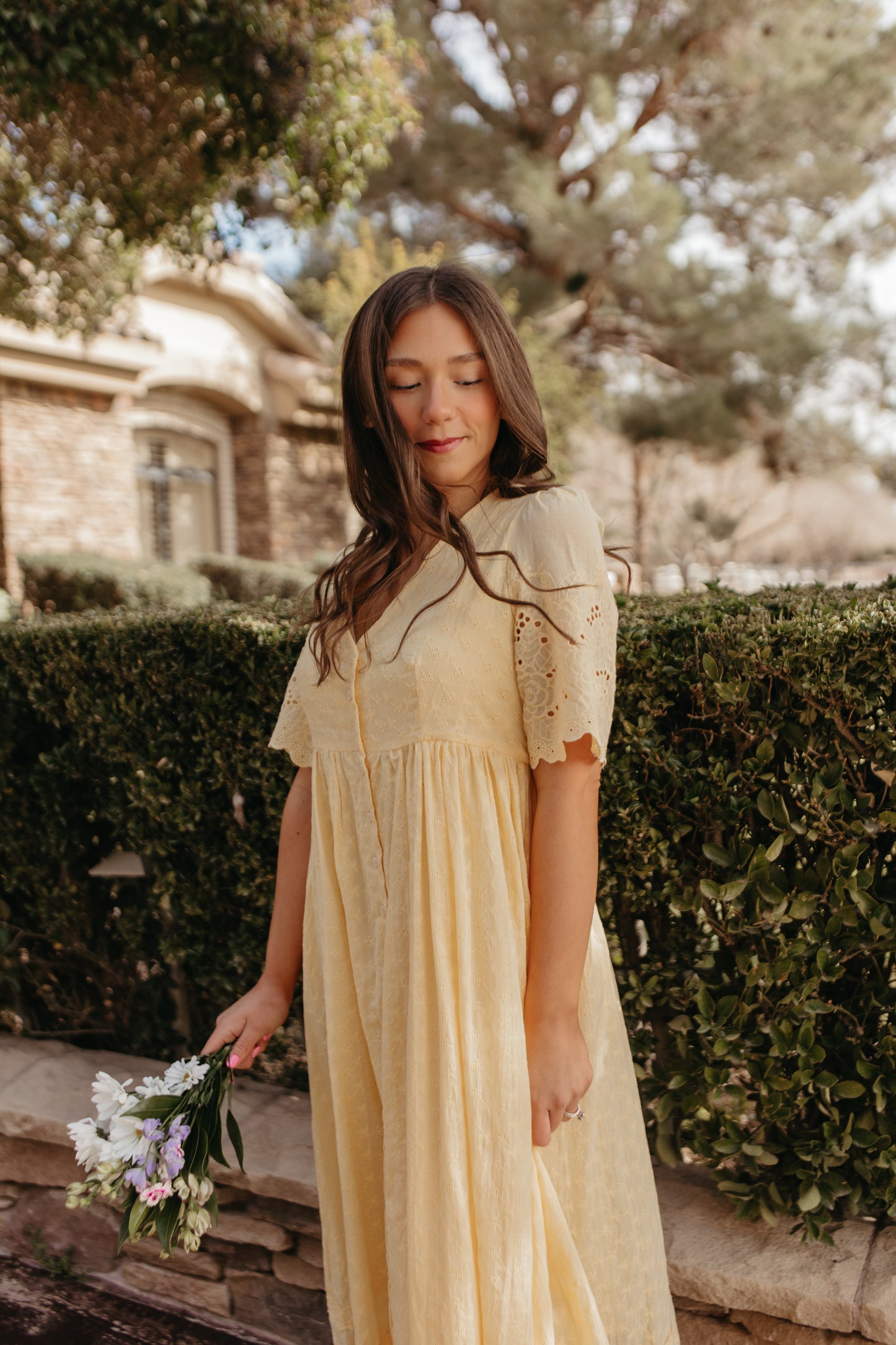 THE LEIYAH EYELET BUTTON DOWN DRESS IN SUNWASHED