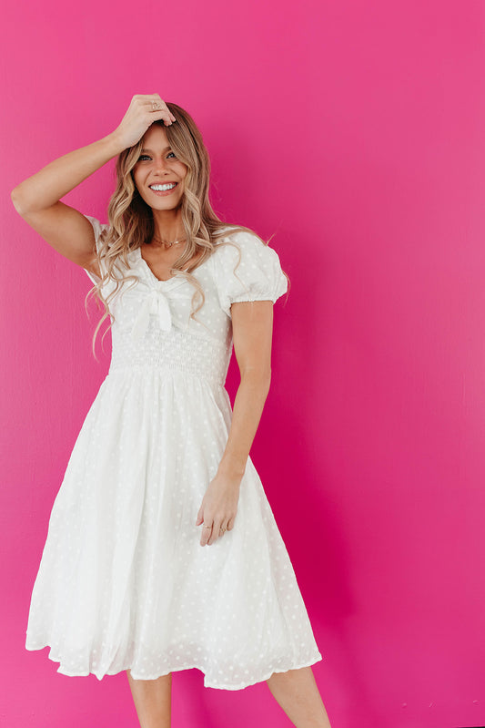 THE BETSY TIE FRONT EMBROIDERED DRESS IN WHITE BY PINK DESERT