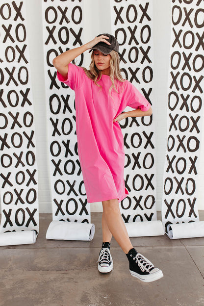 THE EASY DOES IT POCKET T-SHIRT DRESS BY PINK DESERT IN HOT PINK