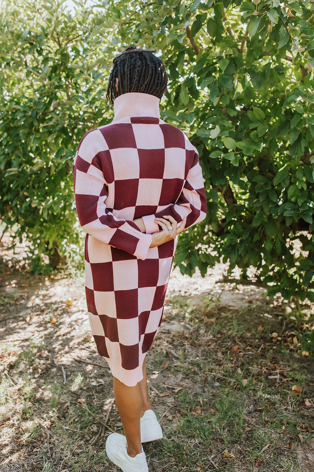 THE CHUNKY TURTLENECK DRESS IN MAUVE CHECKER BY PINK DESERT
