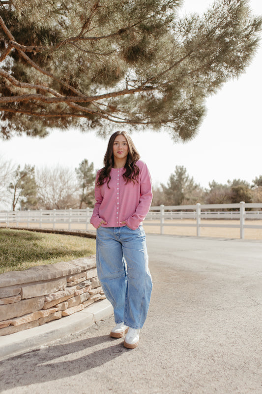 THE RYLEE RIBBED CARDIGAN IN PINK MINI STRIPE