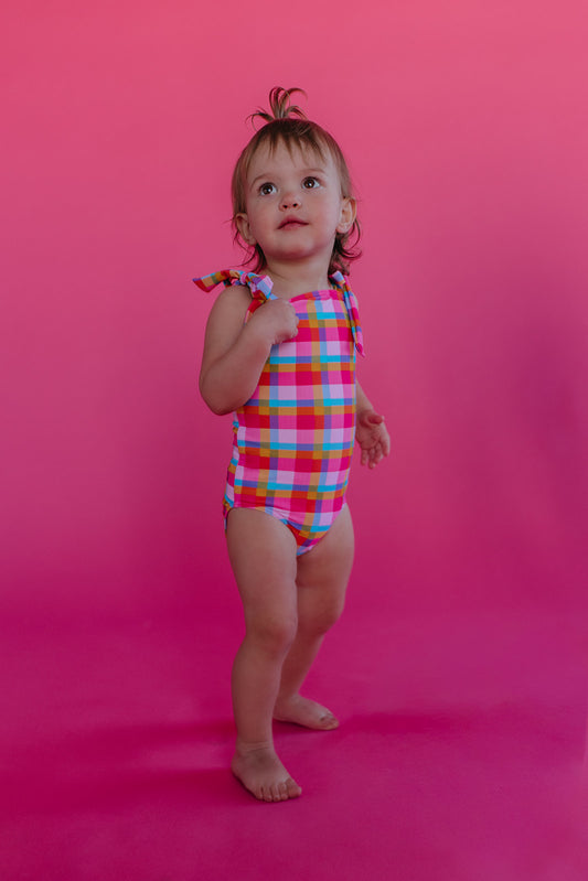 GIRLS TIE STRAP ONE PIECE IN PALM SPRINGS PLAID BY PINK DESERT