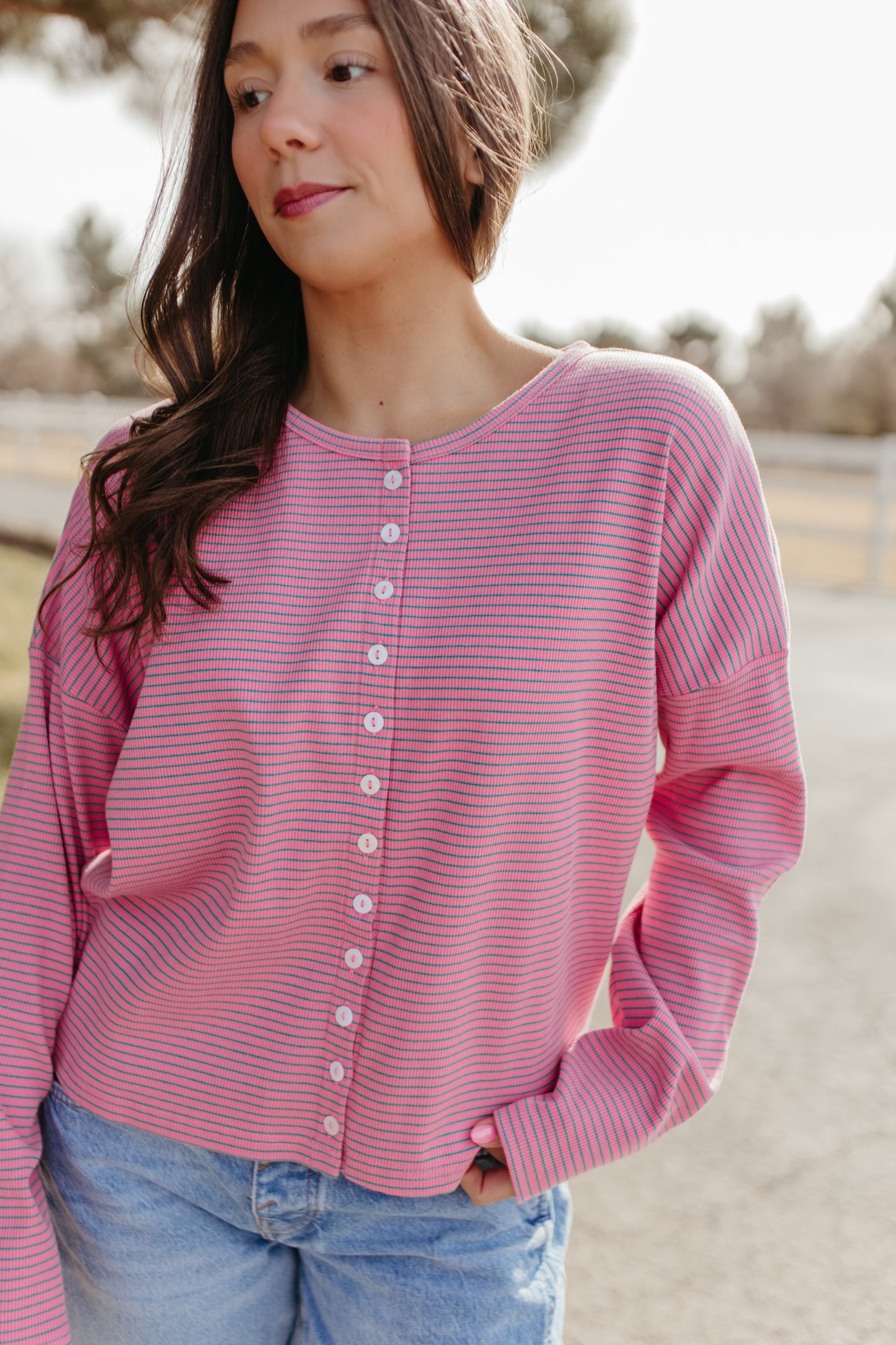 THE RYLEE RIBBED CARDIGAN IN PINK MINI STRIPE