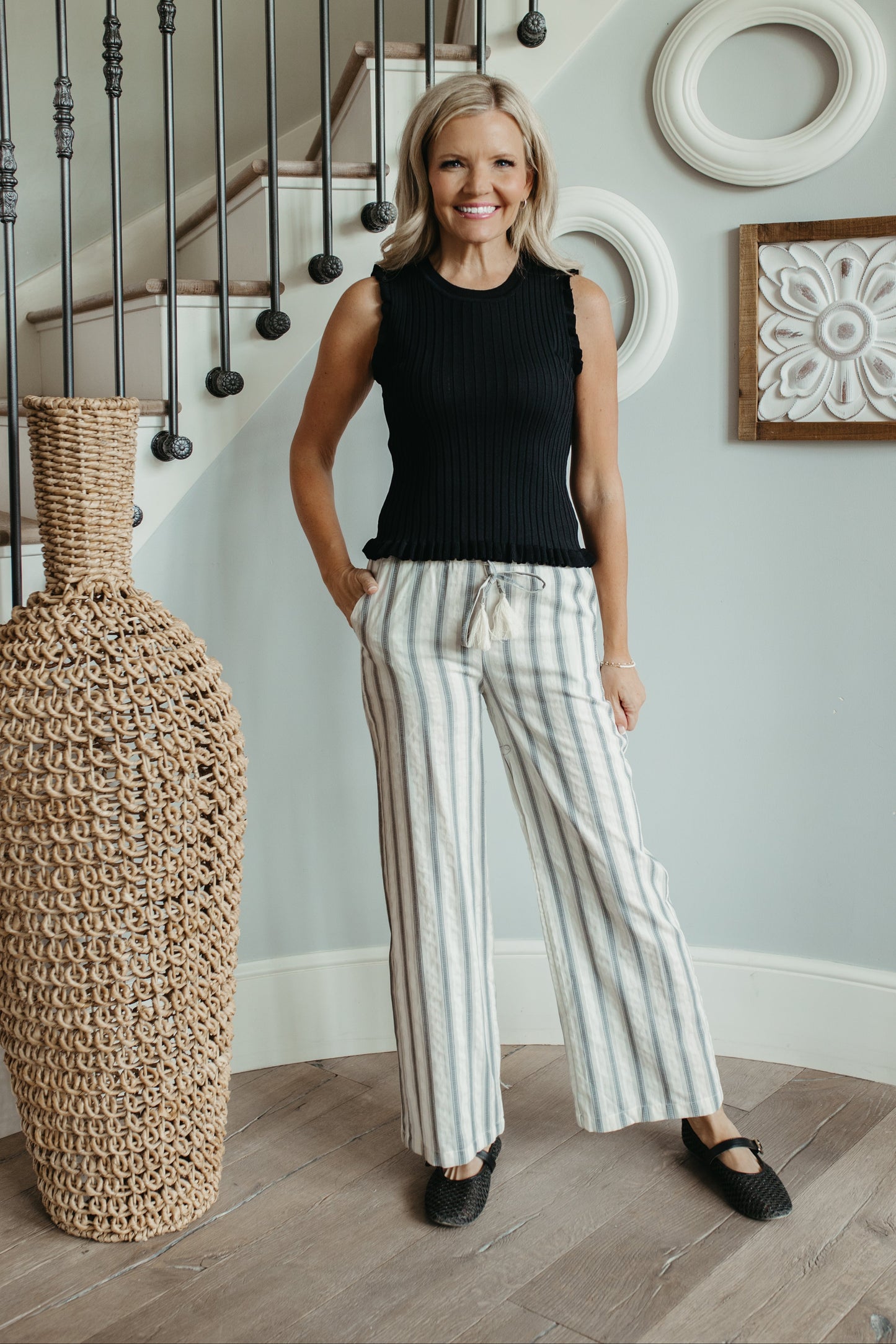 THE OPAL STRIPED LINEN WIDE LEG PANTS IN GREY
