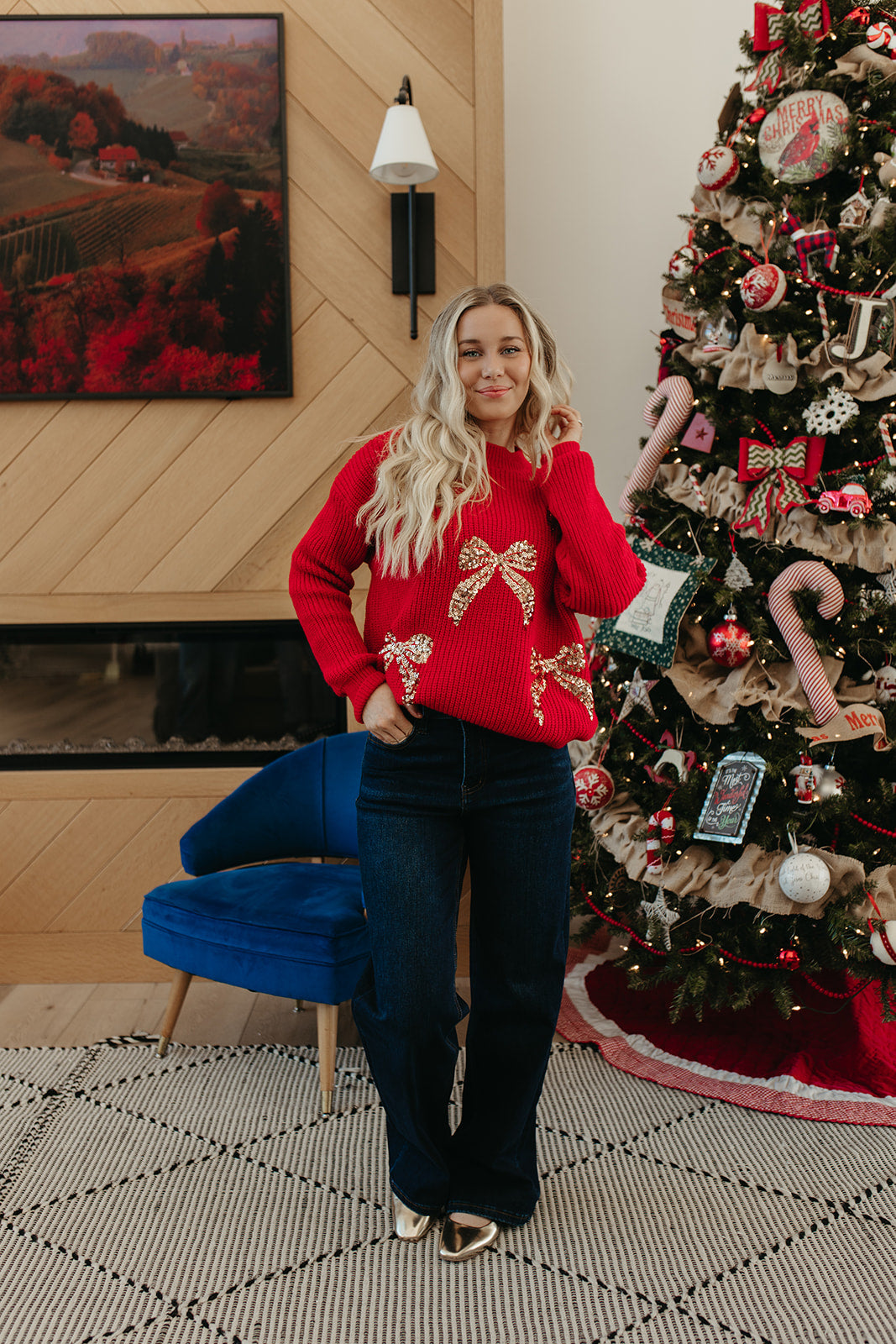 THE ABIGAIL SEQUIN BOWS HOLIDAY SWEATER IN RED