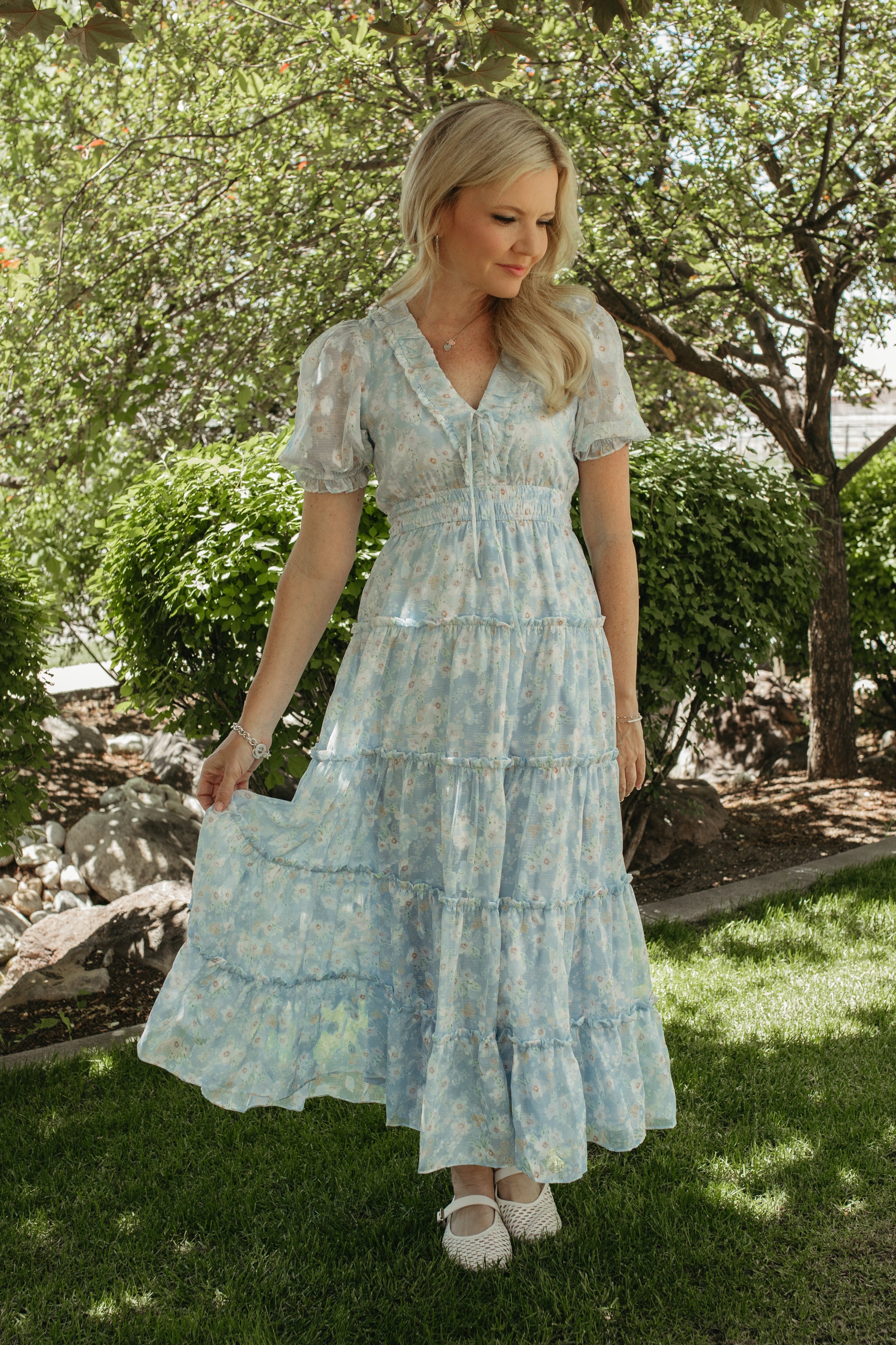 Blue Floral Maxi Dress with Puff Sleeves Medium