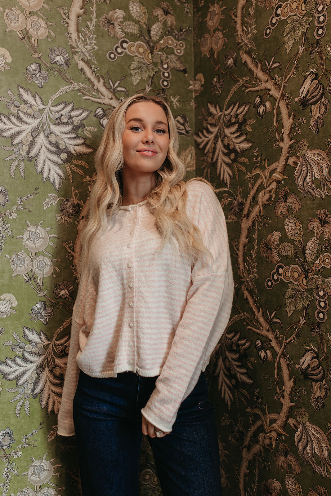 THE MATTI BUTTON DOWN CARDIGAN IN PINK STRIPE