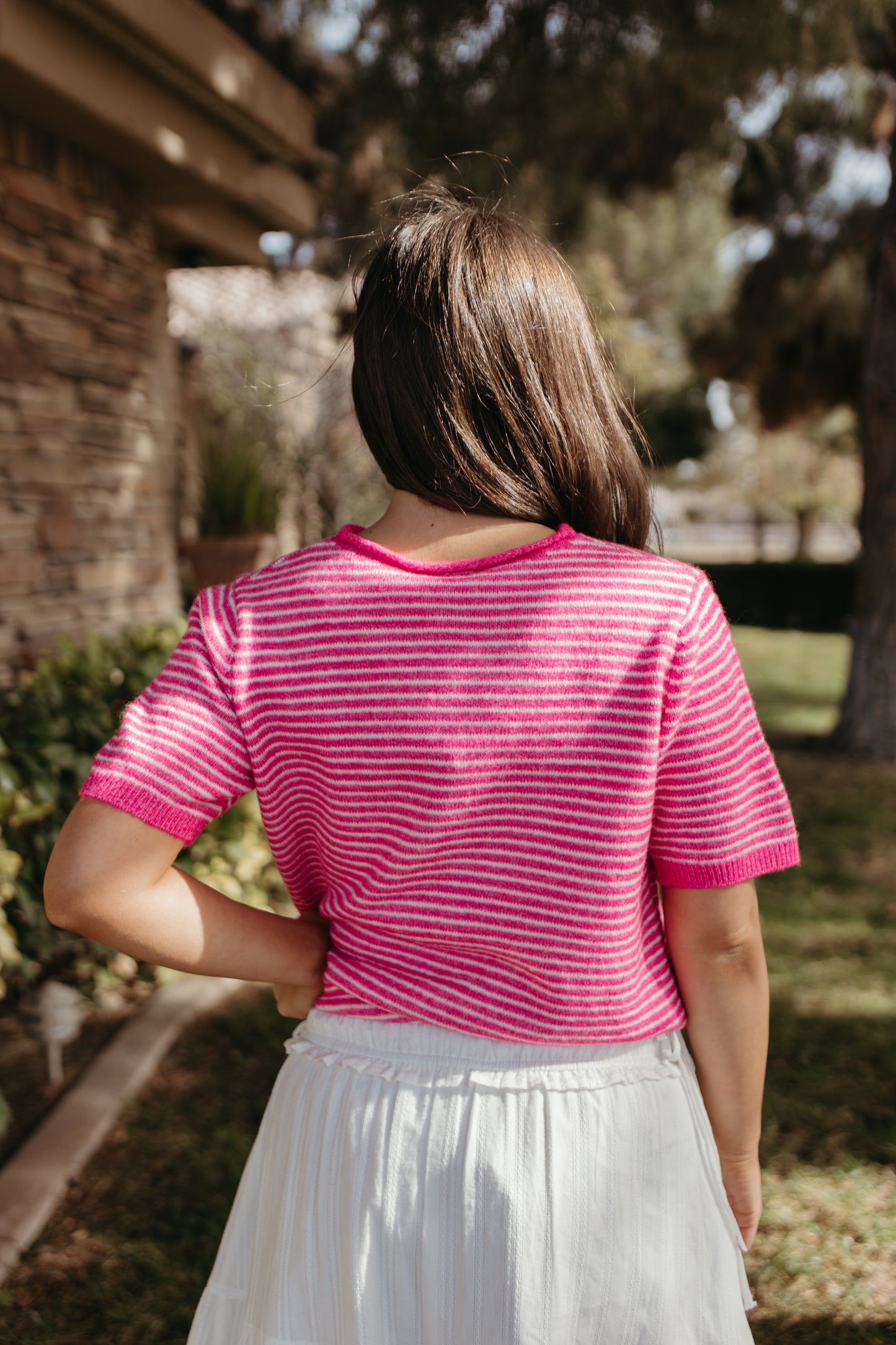 THE MCKAYLA SHORT SLEEVE STRIPED CARDIGAN IN HOT PINK