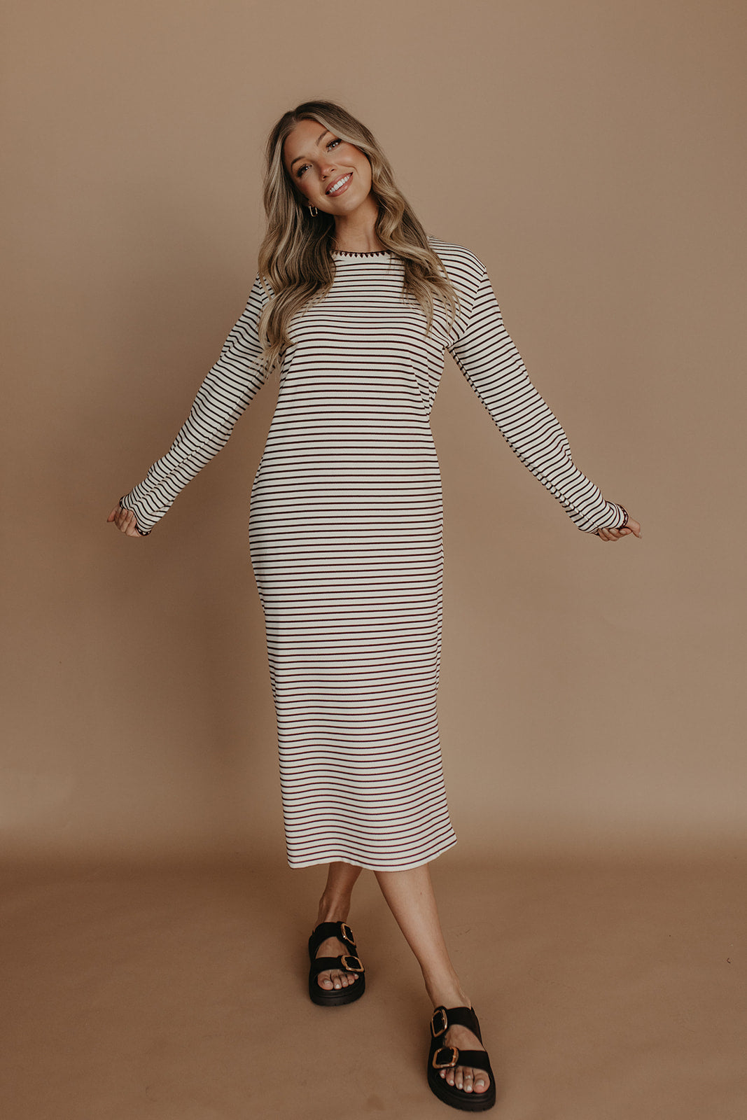 THE CORALEE STRIPED STITCH KNIT DRESS IN CREAM Pink Desert THE CORALEE STRIPED STITCH KNIT DRESS IN CREAM Pink Desert