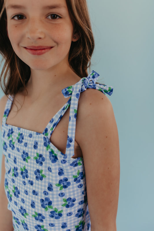 GIRLS TIE STRAP ONE PIECE IN BLUEBERRY GINGHAM BY PINK DESERT