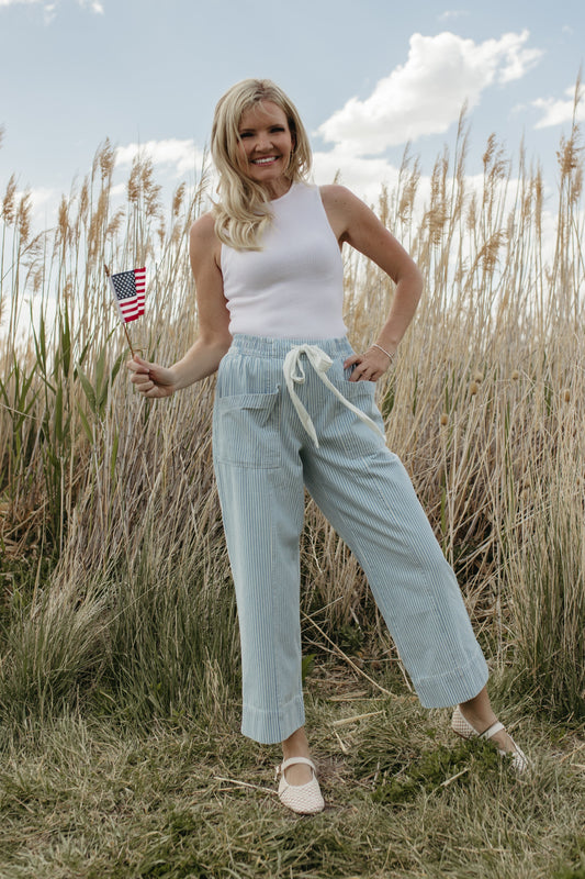 THE TATUM STRIPED CROPPED WIDE LEG PANTS IN LIGHT BLUE