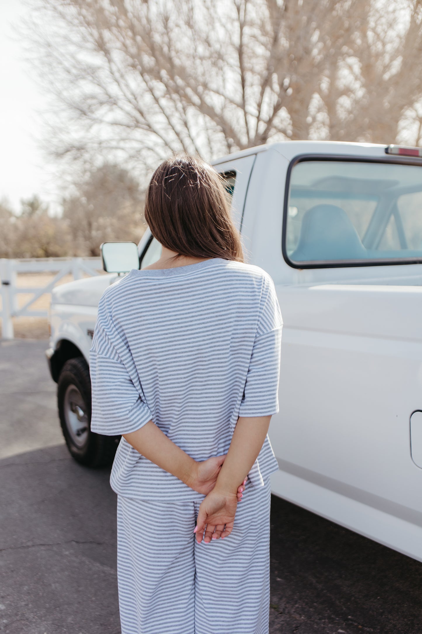 THE CHARITY STRIPED SET IN HEATHER GREY AND WHITE