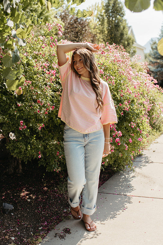 THE ZORA RELAXED STRIPED TEE IN PINK/YELLOW