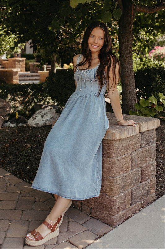 THE ADELE WASHED DENIM MIDI DRESS IN CHAMBRAY