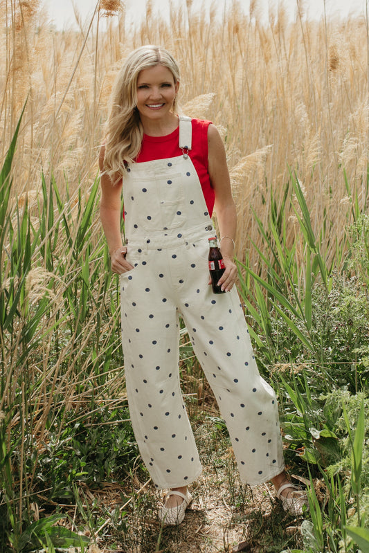 THE JOURNEE POLKA DOT RELAXED OVERALLS IN NAVY