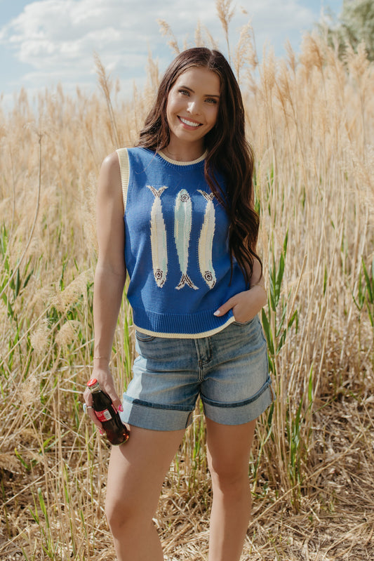 THE SHIRLEY FISH SWEATER IN BLUE