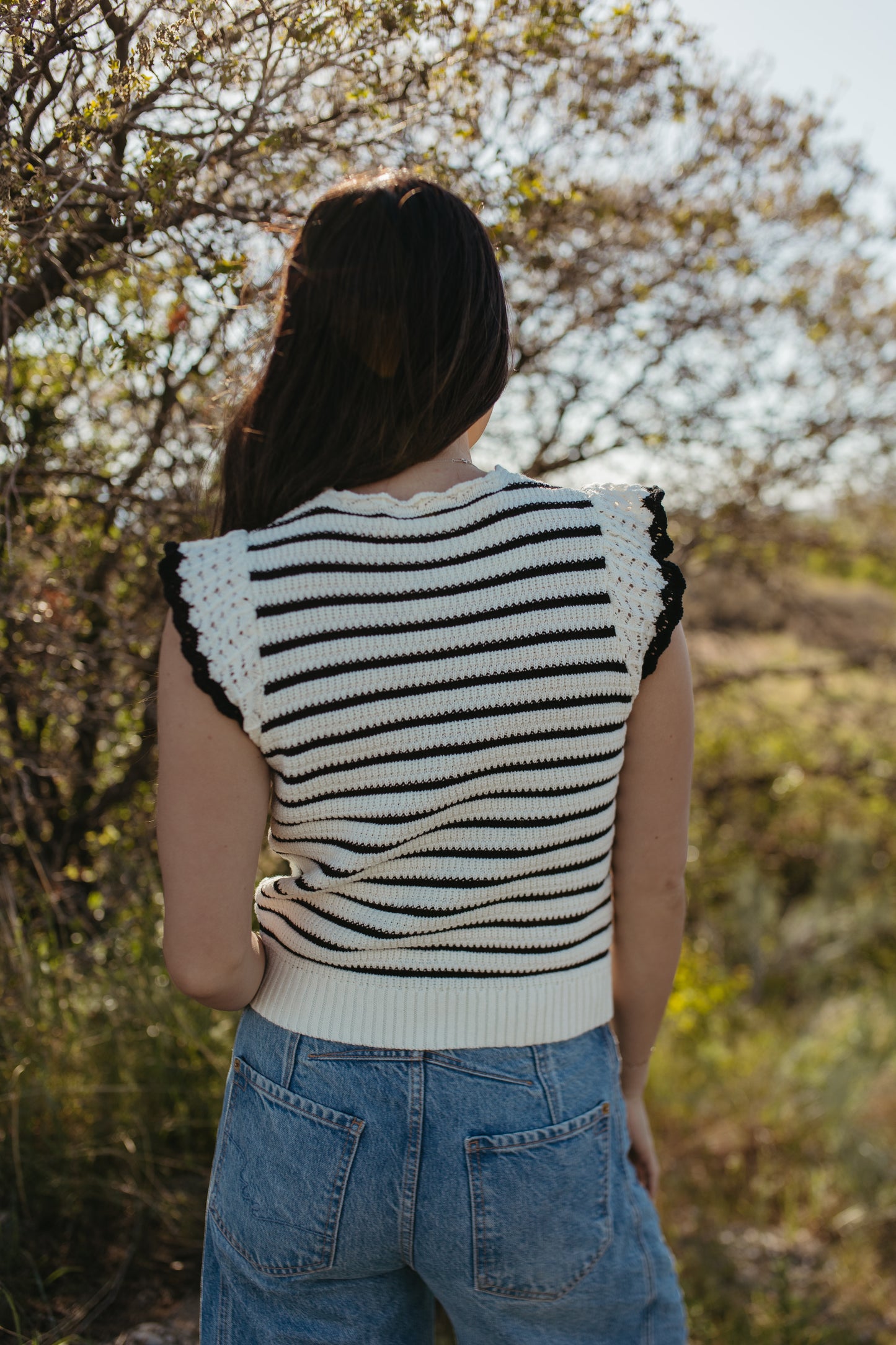 THE CECILY SCALLOPED STRIPED TOP IN BLACK
