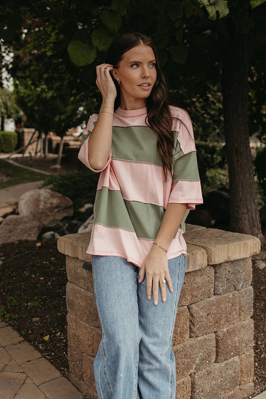 THE LIVVY OVERSIZED STRIPE TEE IN PEONY GREEN