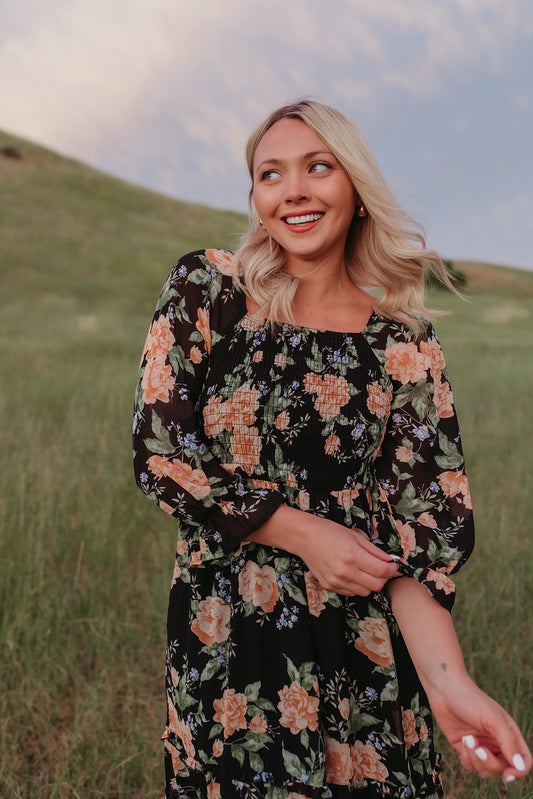 THE ELEANOR DRESS IN BLACK FLORAL BY PINK DESERT