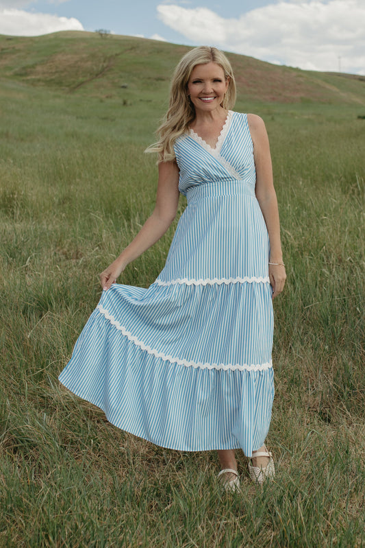 THE PAULINA V-NECK BLUE STRIPED DRESS
