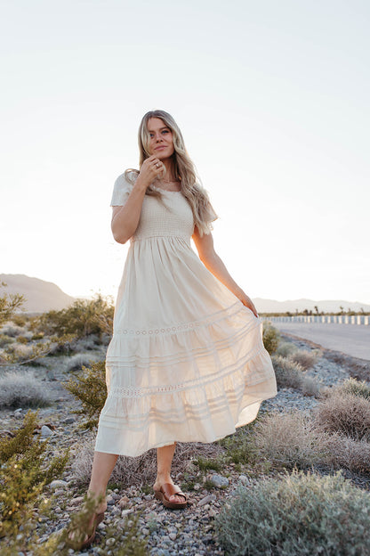 THE ELOISE RUFFLE DRESS IN VINTAGE CREME