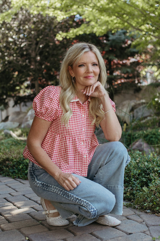 THE MATILDA PUFF SLEEVE BUTTON BLOUSE IN RED CHECK