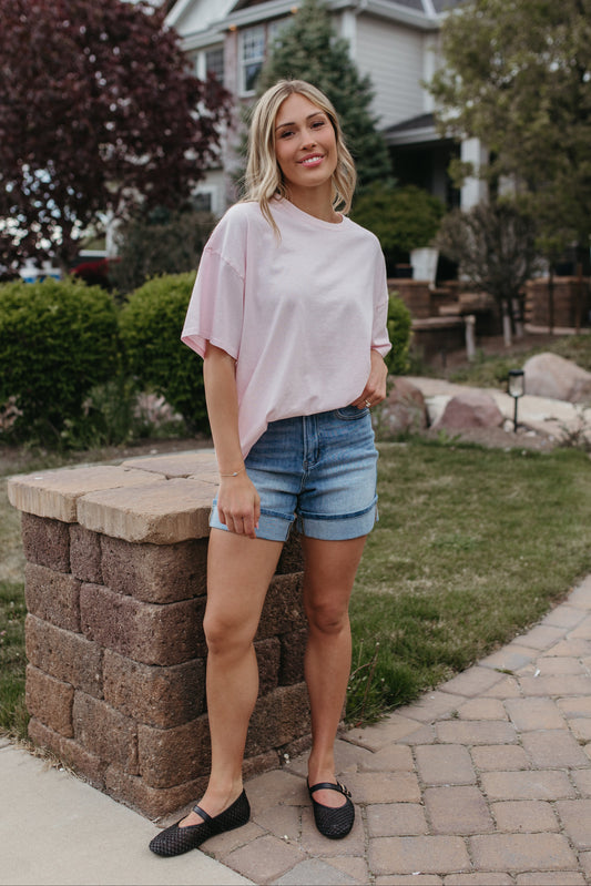 THE JOURNI OVERSIZED SHORT SLEEVE SHIRT IN SOFT PINK