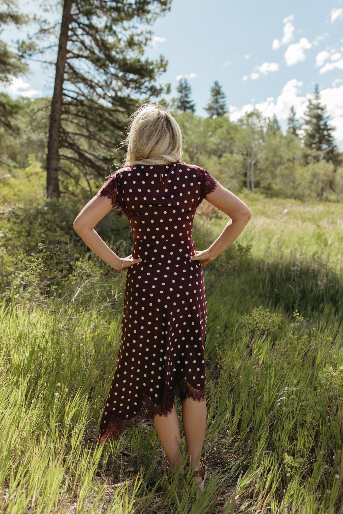 THE PRISCILLA POLKA DOT MIDI SHORT SLEEVE DRESS IN BURGUNDY