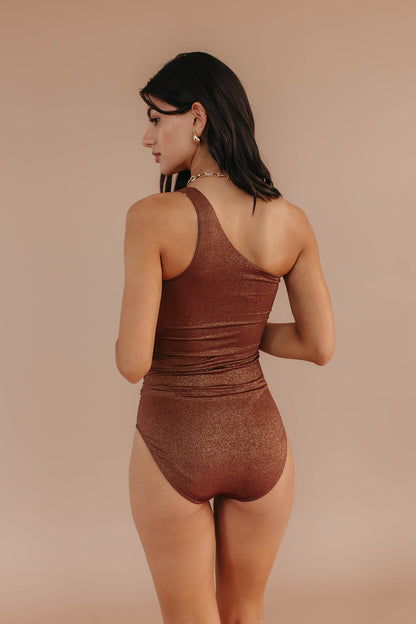 RUCHED ONE SHOULDER ONE PIECE IN BROWN SHIMMER BY PINK DESERT